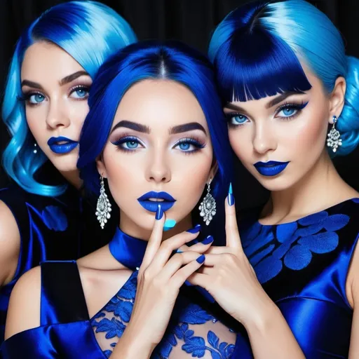 Prompt:  2 women, blue makeup, blue lipstick, blue eyes, blue hair, blue eyebrows, blue blush, blue silk pattern dress, long dark blue skirt, blue finger nails. Photograph, realistic, any facial expression.