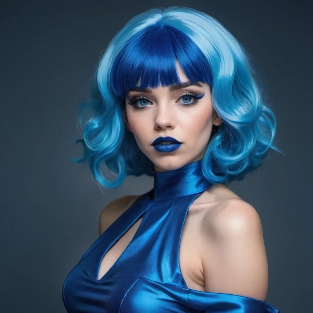 Prompt: a woman with blue hair and makeup is posing for a picture in a blue dress and blue lipstick is wearing a blue wig, Artgerm, retrofuturism, blue, a character portrait