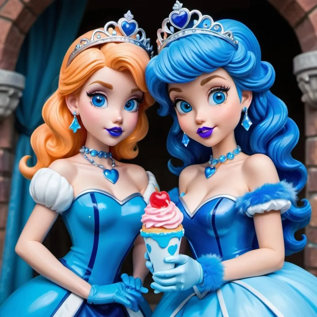 Prompt: Princesses daisy and peach with ultradetailed large shiny blue lips, Blinding blue Heart Earrings, Blue Xtra Large Metal Ball Gown, blue plastic Gloves with blue Fur, Glowing Blue eyes, Artisans Cut, Gleaming blueberry Ice Cream, blue Tiara. Pristine blue hair, confident facial expression, Full eyebrows with blue tint, blue Candy necklace, Wintry Aura, blue Armor Plated Shoulders, Cake Covered blue wand, blue Sharp Nails, coastal castle, Blue Moon. High resolution, Realistic, Cold color scheme, high radiance.