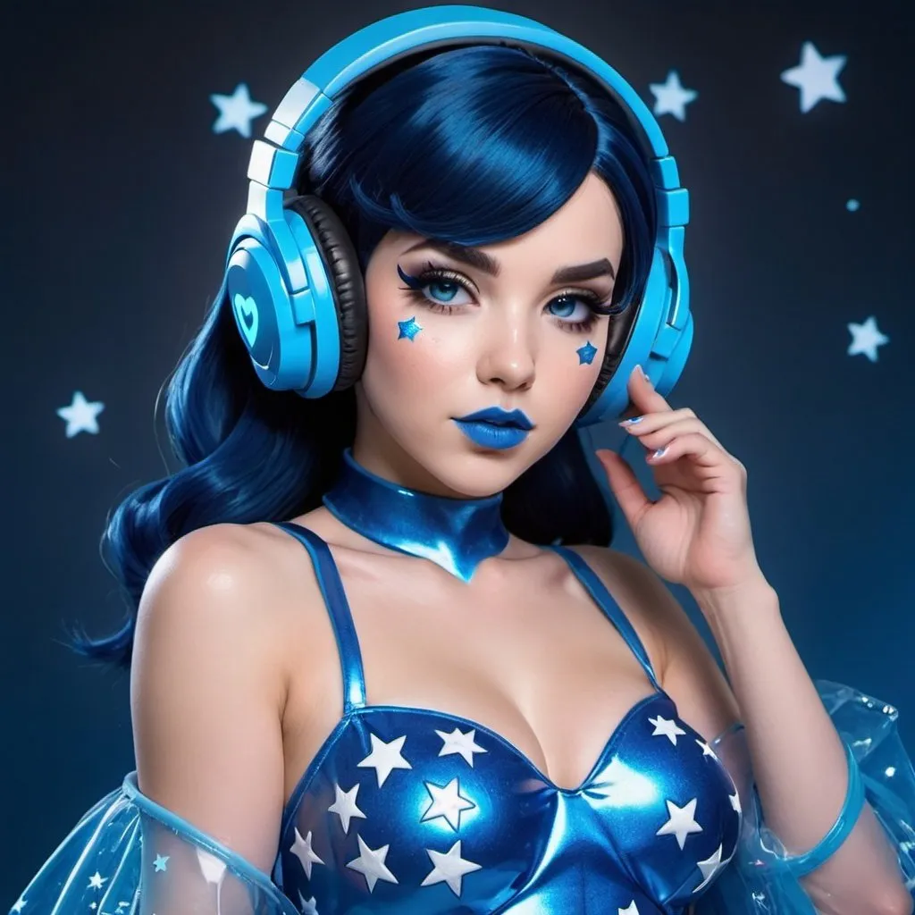 Prompt: 2020s, Mei Overwatch as a female popstar wearing a blue headphones, aqua blue lipstick, glossy and sparkling lips, blue makeup including blue eyeshadow and blue blush, dark blue hair, blue eyebrows, blue eyes, colourised, blue plastic gown, full body shot, photography, blue hearts and stars, euphoric.