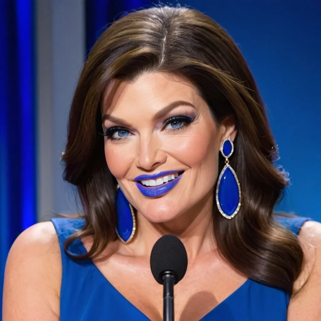 Prompt: Kimberly Guilfoyle with blue earrings, blue eyes, flowing blue hair, smiling lips with blue lipstick, blue dress, blue makeup, blue eyeshadow. Making a speech



