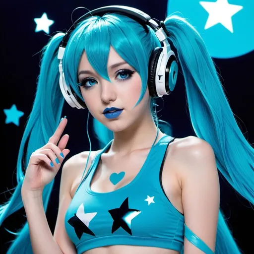Prompt: 2010s, hatsune miku as a female popstar wearing a blue headphones, aqua blue lipstick, glossy lips, blue makeup including blue eyeshadow and blue blush, dark blue hair, blue eyebrows, blue eyes, colourised, blue crop top, full body shot, photography, blue hearts and stars, euphoric.