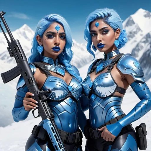 Prompt: Two indian women holding a m-4 rifle, blue lipstick, snowy mountain coast, blue heart necklaces, Thick blue soldier armor, smurking face, blue spiral eyes, blue eyeshadow, long ice earrings. Cold color scheme, ultradetailed, 8k resolution, perfect, smooth, high quality, shiny. 