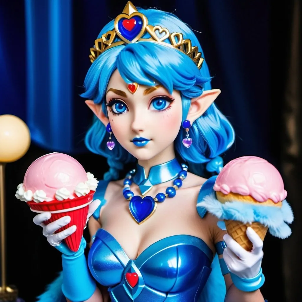 Prompt: Princess Zelda with ultradetailed large shiny blue lips, Blinding blue Heart Earrings, Blue Xtra Large Metal Ball Gown, blue plastic Gloves with blue Fur, Glowing Blue eyes, Artisans Cut, Gleaming blueberry Ice Cream, blue Tiara. Pristine blue hair, confident facial expression, Full eyebrows with blue tint, blue Candy necklace, Wintry Aura, blue Armor Plated Shoulders, Cake Covered blue wand, blue Sharp Nails, coastal castle, Blue Moon. High resolution, Realistic, Cold color scheme, high radiance.