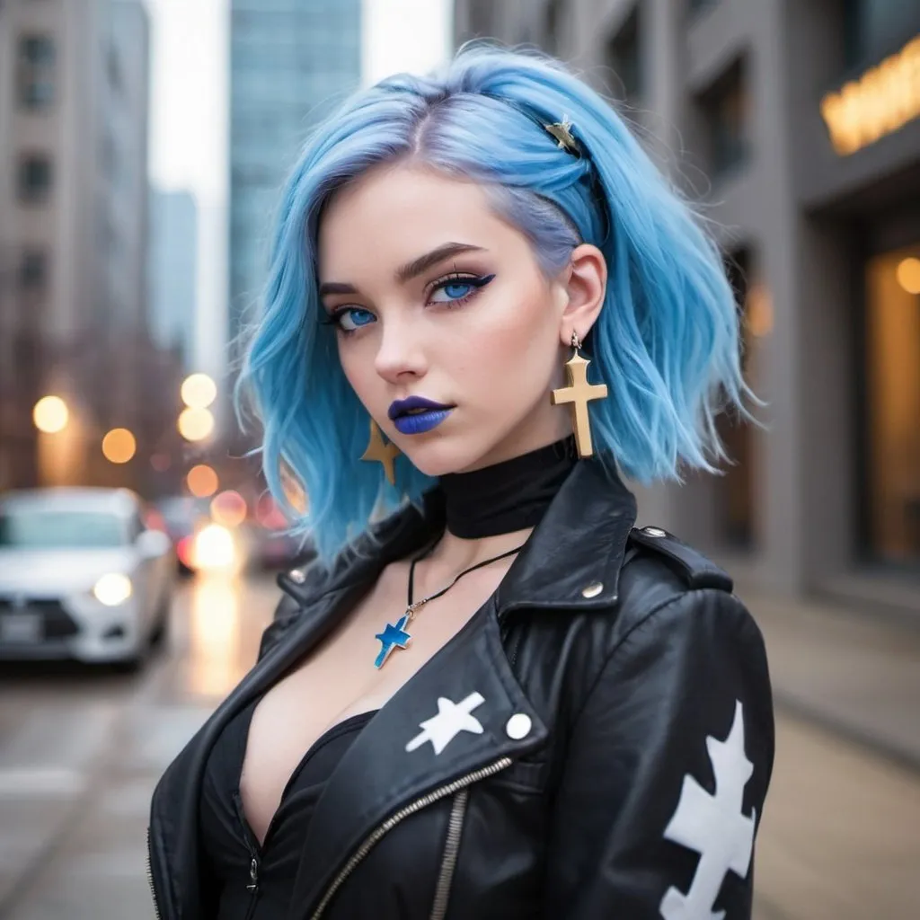 Prompt: 1girl, black choker, blue eyes, blue hair, blurry, blurry background, building, car, choker, cross, cross earrings, depth of field, earrings, eyeshadow, ground vehicle, jacket, jewelry, k/da \(league of legends\), lips, blue lipstick, long hair, looking at viewer, makeup, motor vehicle, photo \(medium\), piercing, solo, star \(symbol\), star earrings, star print