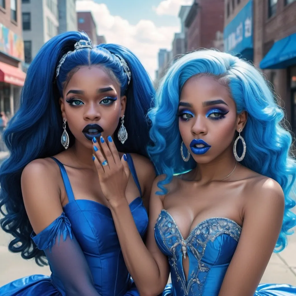 Prompt: a picture of 2 black women with long blue hair, posing together large blue eyes wearing blue ball gowns, blue eyeshadow, and blue lipstick coughing at the camera, blue makeup, jewerly on hands, Artgerm, fantasy art, realistic shaded perfect blue face, a detailed painting, propaganda city background, 18 years old, blue lipstick 