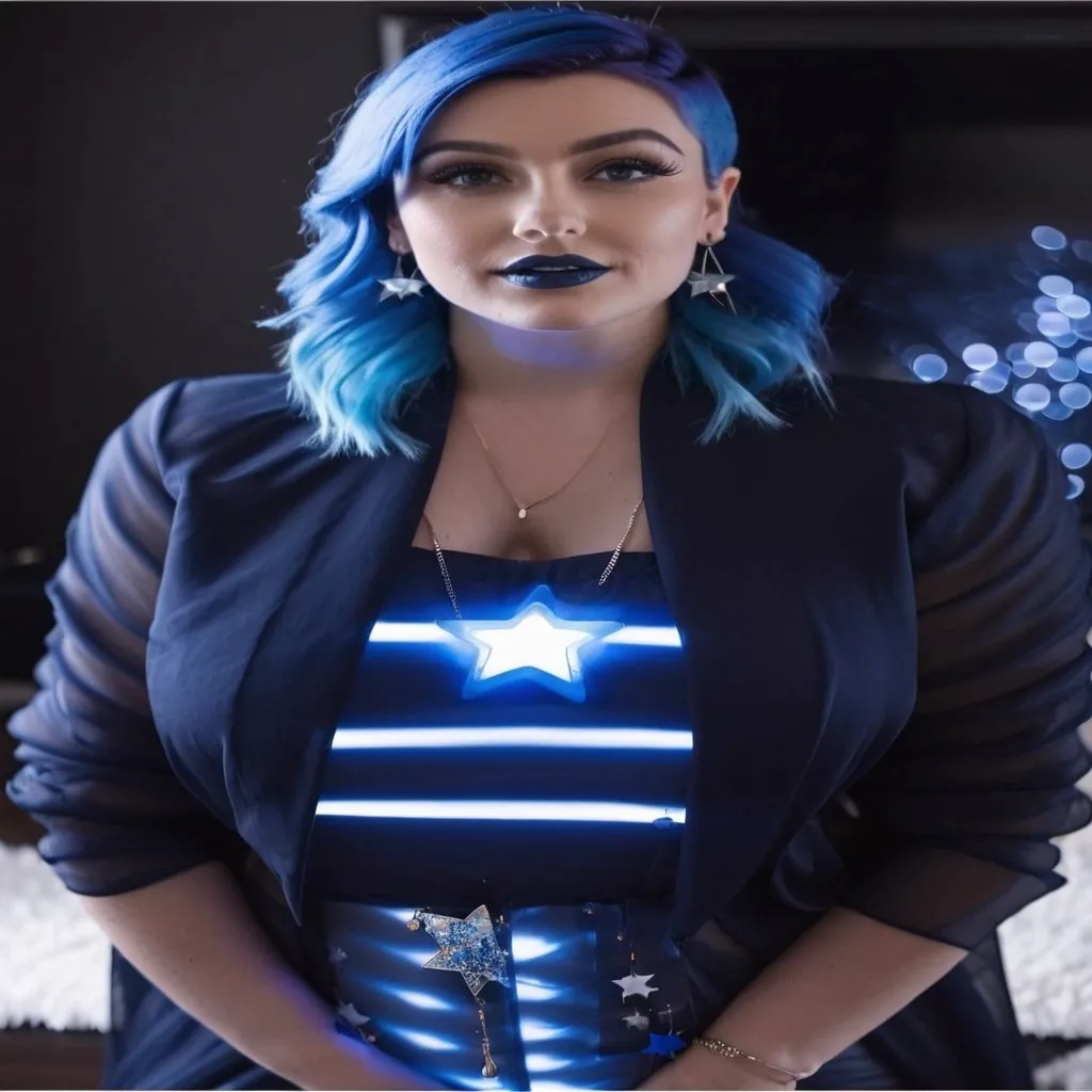 Prompt: 30 year old woman, mother, in living room, blue lipstick, blue hair, Puffy face, long ice nails, Spiral earrings, dark blue plastic dress, blue Star Patch, glowing spoon.  