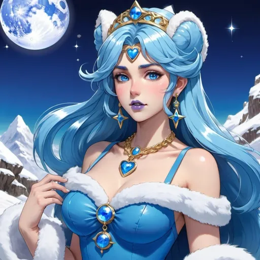 Prompt: Blue palutena, Heavy snow, Giant Blue Orb in Sky, Long Straight Blue hair, Ice crystal tiara, Thick bushy blue eyebrows, medium sized nose, plump diamond shape face,  Blue lipstick, ethereal blue eyes, blue Triangle Star earrings, soft ears, Large blue plastic chain around neck, Blue heart necklaces, blue candy shaped rings, Large blue fur coat with blue plastic gloves. Long Blue Skirt with moons.