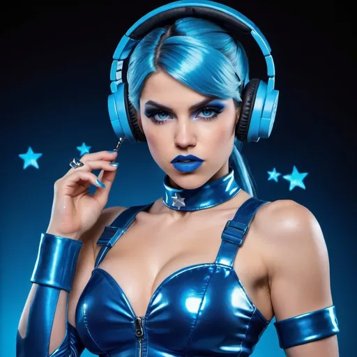 Prompt: 2020s, Sonya blade as a female popstar wearing a blue headphones, aqua blue lipstick, glossy and sparkling lips, blue makeup including blue eyeshadow and blue blush, dark blue hair, blue eyebrows, blue eyes, colourised, blue plastic gown, full body shot, photography, blue hearts and stars, euphoric.