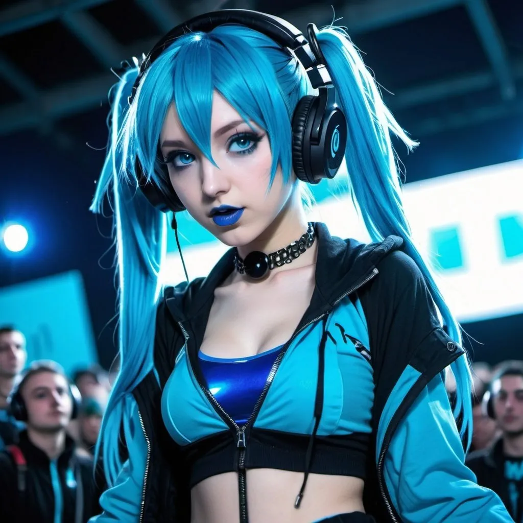 Prompt: Cyber goth hatsune miku, electronic dance, full body view, blue lipstick, blue eyes, blue eyeshadow, blue crop top, blue jacket, blue nails, blue hair, blue headphones, blue microphone, blue speakers, blue lights shining, political rally