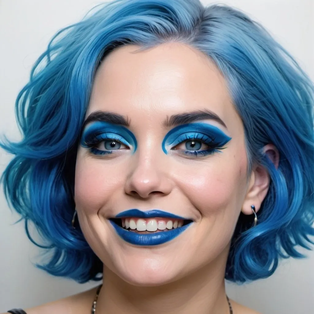 Prompt: a woman with blue hair and blue makeup is smiling at the camera with blue eyeshadow and blue lipstick, Barbara Greg, private press, blue, a pop art painting