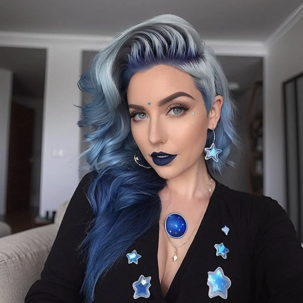 Prompt: 30 year old woman, mother, in living room, blue lipstick, blue hair, Puffy face, long ice nails, Spiral earrings, dark blue plastic dress, blue Star Patch, glowing spoon.  