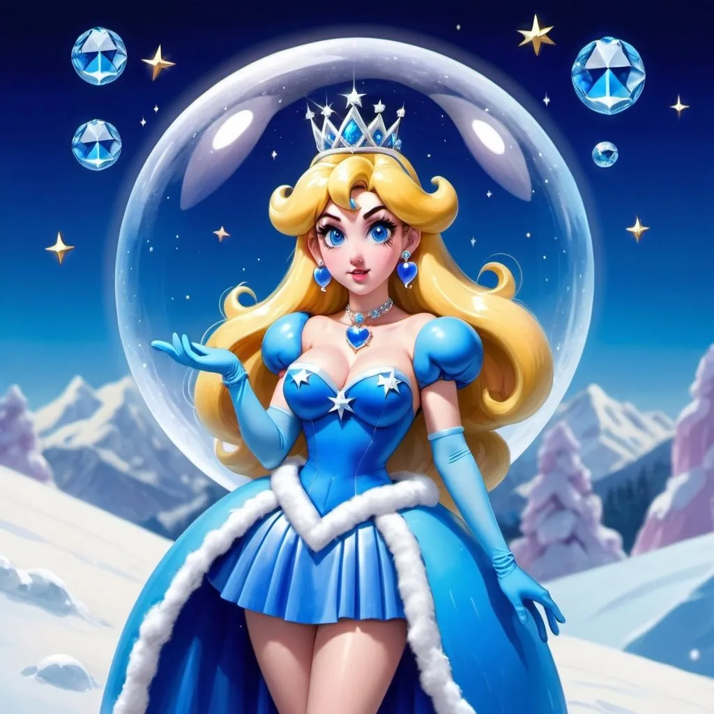 Prompt: Princess peach, Heavy snow, Giant Blue Orb in Sky, Long Straight Blue hair, Ice crystal tiara, Thick bushy blue eyebrows, medium sized nose, plump diamond shape face,  Blue lipstick, ethereal blue eyes, Triangle Star earrings, soft ears, Large blue plastic chain around neck, Blue heart necklaces, blue candy shaped rings, Large blue fur coat with blue plastic gloves. Long Blue Skirt with moons.