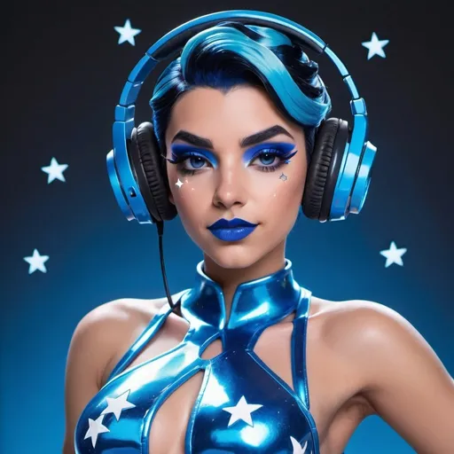 Prompt: 2020s, Sombra Overwatch as a female popstar wearing a blue headphones, aqua blue lipstick, glossy and sparkling lips, blue makeup including blue eyeshadow and blue blush, dark blue hair, blue eyebrows, blue eyes, colourised, blue plastic gown, full body shot, photography, blue hearts and stars, euphoric.