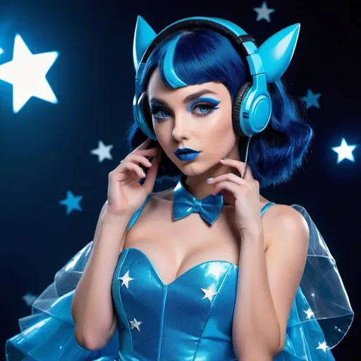 Prompt: 2020s, Dawn Pokemon as a female popstar wearing a blue headphones, aqua blue lipstick, glossy and sparkling lips, blue makeup including blue eyeshadow and blue blush, dark blue hair, blue eyebrows, blue eyes, colourised, blue plastic gown, full body shot, photography, blue hearts and stars, euphoric.