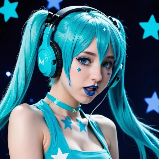 Prompt: 2010s, hatsune miku as a female popstar wearing a blue headphones, blue lipstick, blue makeup including blue eyeshadow and blue blush, blue hair, blue eyebrows, blue eyes, colourised, blue crop top, full body shot, photography, blue hearts and stars, coughing.