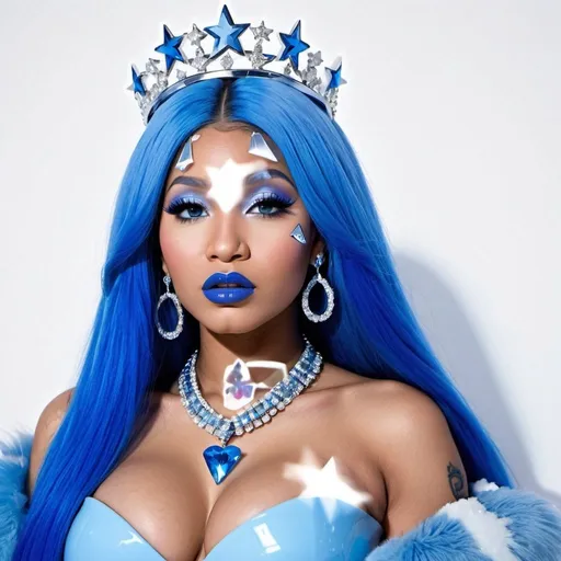 Prompt: Nicki Minaj, Heavy snow, Clouds in Sky, Long Straight Blue hair, Ice crystal tiara, Thick bushy blue eyebrows, medium sized nose, plump diamond shape face,  Blue lipstick, ethereal blue eyes, blue makeup, Triangle Star earrings, soft ears, Large blue plastic chain around neck, Blue heart necklaces, blue candy shaped rings, Large blue fur coat with blue plastic gloves. Long Blue Skirt. Plump chest, bigbreast