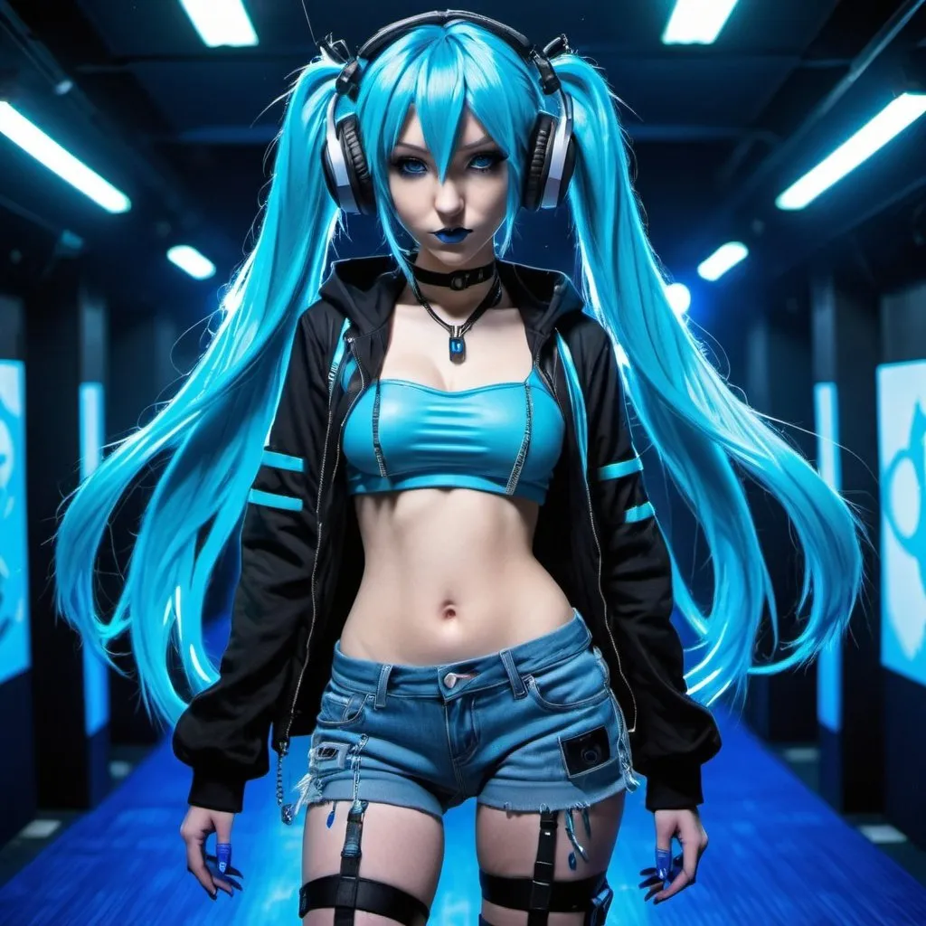 Prompt: Cyber goth hatsune miku, electronic dance, full body view, blue lipstick, blue eyes, blue eyeshadow, blue crop top, blue jacket, blue nails, blue hair, blue headphones, blue microphone, blue speakers, blue lights shining, walking the blue carpet