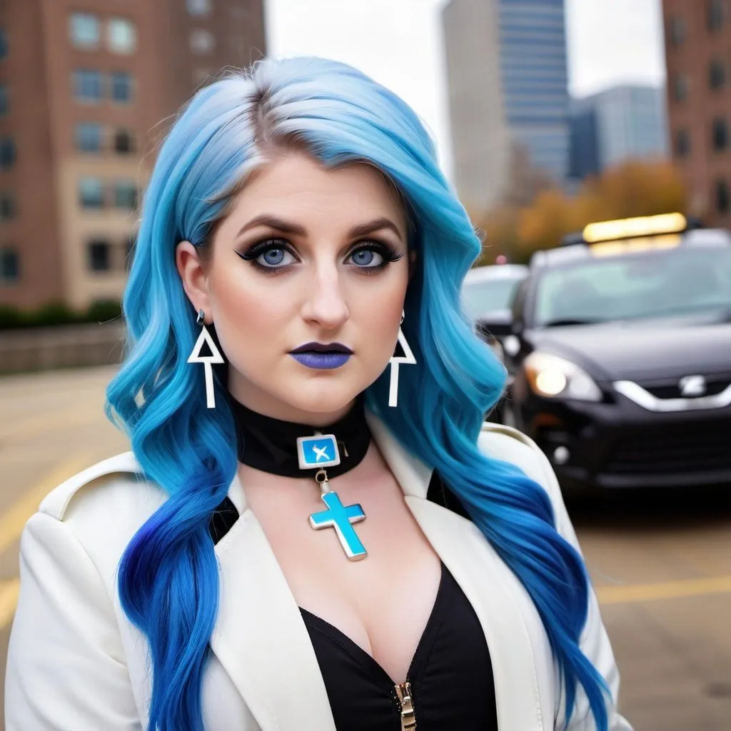 Prompt: Meghan Trainor, black choker, blue eyes, blue hair, blurry, blurry background, building, car, choker, cross, cross earrings, depth of field, earrings, eyeshadow, ground vehicle, jacket, jewelry, k/da \(league of legends\), lips, blue lipstick, long hair, looking at viewer, makeup, motor vehicle, photo \(medium\), piercing, solo, star \(symbol\), star earrings, star print