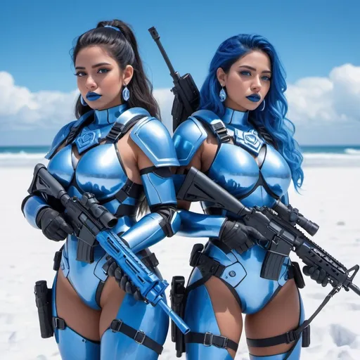 Prompt: Two Latinas holding a m-4 rifle, blue lipstick, snowy beach, blue heart necklaces, Thick blue soldier armor, pleasant face, blue spiral eyes, blue eyeshadow, long ice earrings. Cold color scheme, ultradetailed, 8k resolution, perfect, smooth, high quality, shiny. 