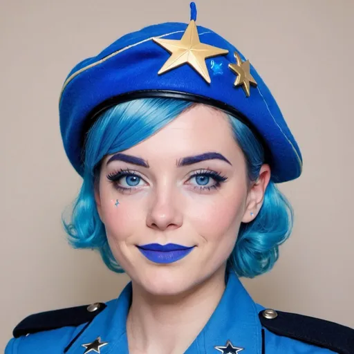 Prompt: 2010s, Jill as a female officer wearing a blue beret, blue lipstick, blue makeup including blue eyeshadow and blue blush, blue hair, blue eyebrows, blue eyes, colourised, blue uniform beret, full body shot, photography, blue hearts and stars soft smile.