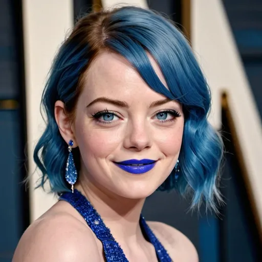 Prompt: Emma stone with blue mullet, blue eyes, flowing blue hair, smiling lips with blue lipstick, blue dress, blue makeup, blue eyeshadow.



