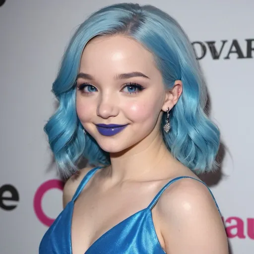 Prompt: Dove Cameron with blue mullet, blue eyes, flowing blue hair, smiling lips with blue lipstick, blue dress, blue makeup, blue eyeshadow.




