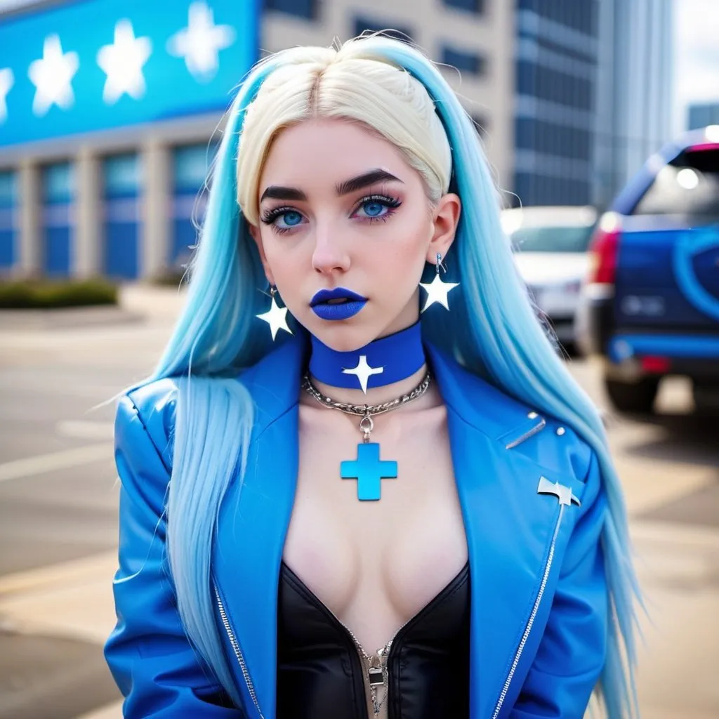 Prompt: Ava max, blue choker, blue eyes, blue hair, blurry, blurry background, building, car, choker, cross, blue cross earrings, depth of field, blue heart earrings, blue eyeshadow, ground vehicle, jacket, jewelry, k/da \(league of legends\), lips, blue lipstick, long blue hair, looking at viewer, makeup, motor vehicle, photo \(medium\), piercing, solo, star \(symbol\), blue star earrings, star print