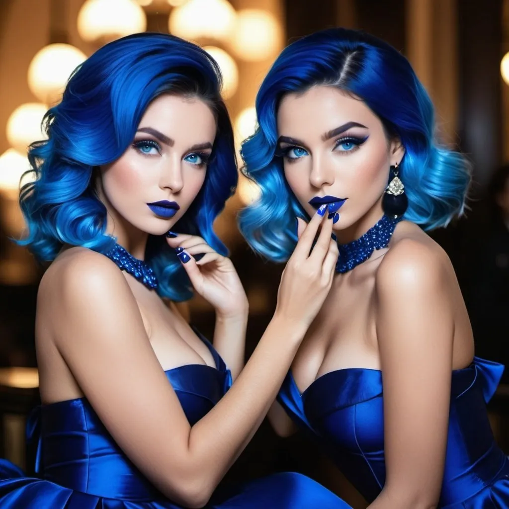 Prompt:  2 French women, blue makeup, blue lipstick, blue eyes, blue hair, blue eyebrows, blue blush, blue silk pattern dress, long dark blue skirt, blue finger nails. Photograph, realistic, any facial expression.