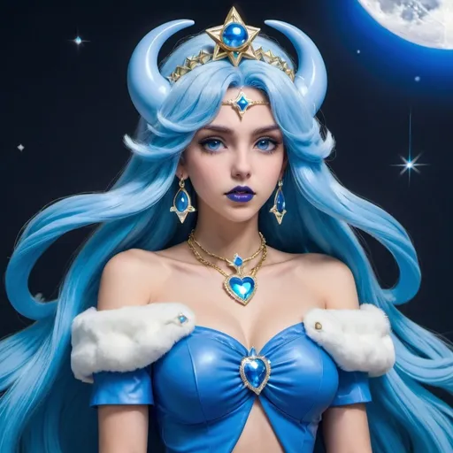 Prompt: Blue palutena, Heavy snow, Giant Blue Orb in Sky, Long Straight Blue hair, Ice crystal tiara, Thick bushy blue eyebrows, medium sized nose, plump diamond shape face,  Blue lipstick, ethereal blue eyes, blue Triangle Star earrings, soft ears, Large blue plastic chain around neck, Blue heart necklaces, blue candy shaped rings, Large blue fur coat with blue plastic gloves. Long Blue Skirt with moons.