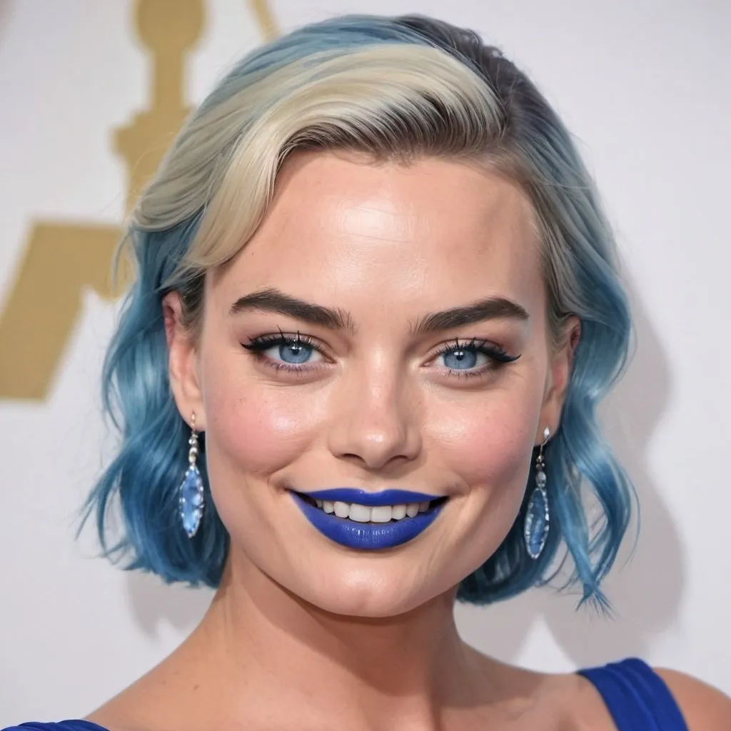 Prompt: Margot Robbie with blue mullet, blue eyes, flowing blue hair, smiling lips with blue lipstick, blue dress, blue makeup, blue eyeshadow.



