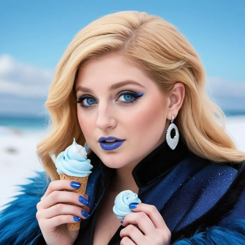 Prompt: Meghan trainor eating candy ice cream, blue lipstick, snowy beach, blue heart necklaces, Thick blue fur coat, Black Cape, pleasant face, blue spiral eyes, blue eyeshadow, long ice earrings. Cold color scheme, ultradetailed, 8k resolution, perfect, smooth, high quality, shiny. 