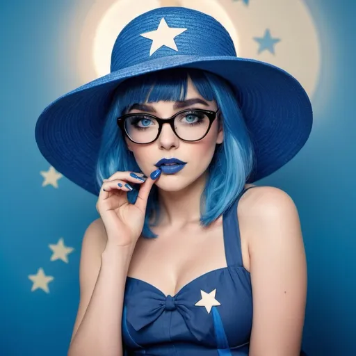 Prompt: 2010s,  female actress wearing blue sun hat, blue lipstick, blue makeup including blue eyeshadow and blue blush, blue hair, blue eyebrows, blue glasses, blue eyes, colourised, blue skirts, blue nails, full body shot, photography, blue hearts and stars neutral expression.