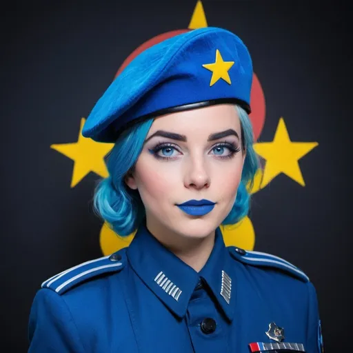 Prompt: 2010s, Lara Kroft as a female officer wearing a blue beret, blue lipstick, blue makeup including blue eyeshadow and blue blush, blue hair, blue eyebrows, blue eyes, colourised, blue uniform beret, full body shot, photography, blue hearts and stars soft smile.