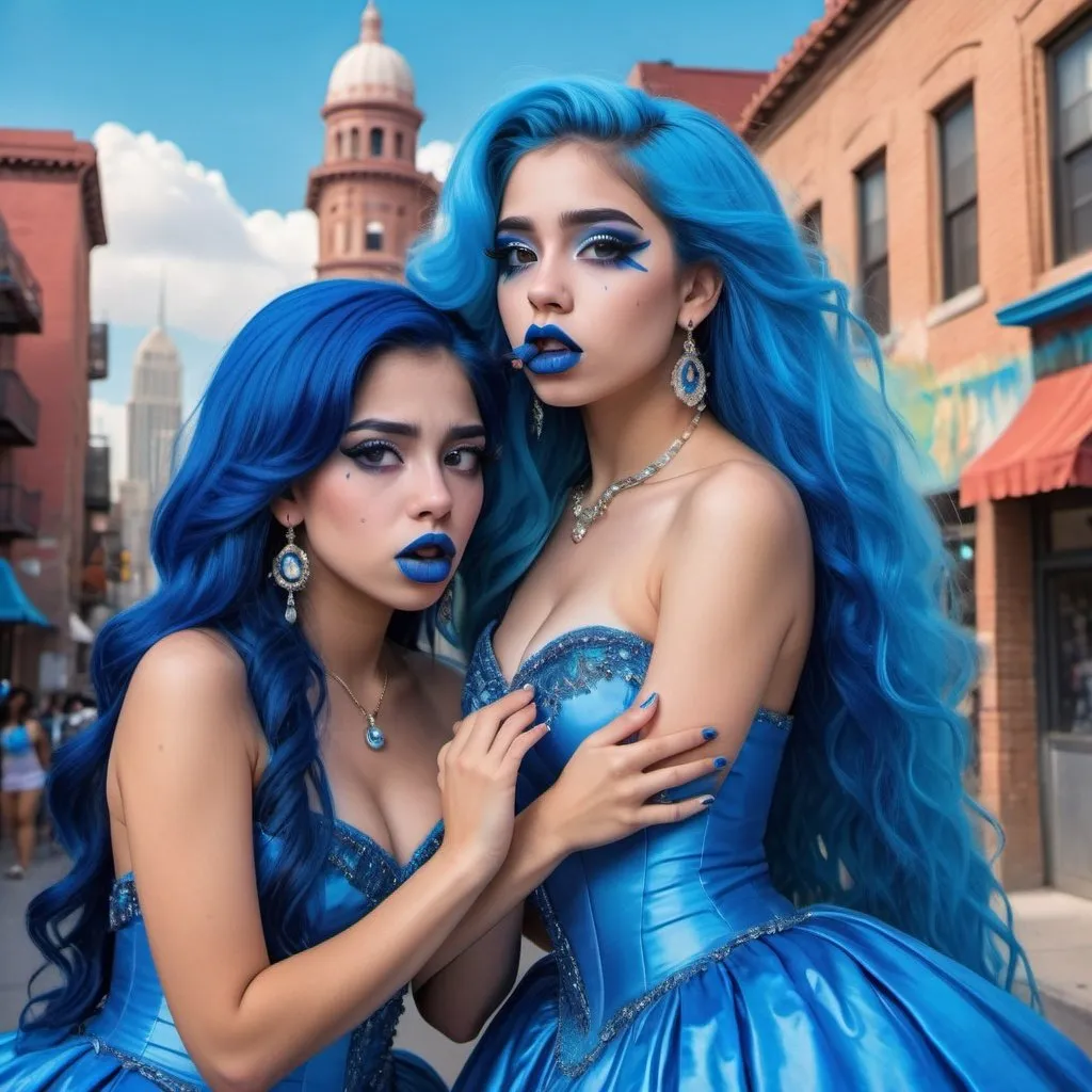 Prompt: a picture of 2 hispanic women with long blue hair, posing together large blue eyes wearing blue ball gowns, blue eyeshadow, and blue lipstick coughing at the camera, blue makeup, jewerly on hands, Artgerm, fantasy art, realistic shaded perfect blue face, a detailed painting, propaganda city background, 18 years old, blue lipstick 