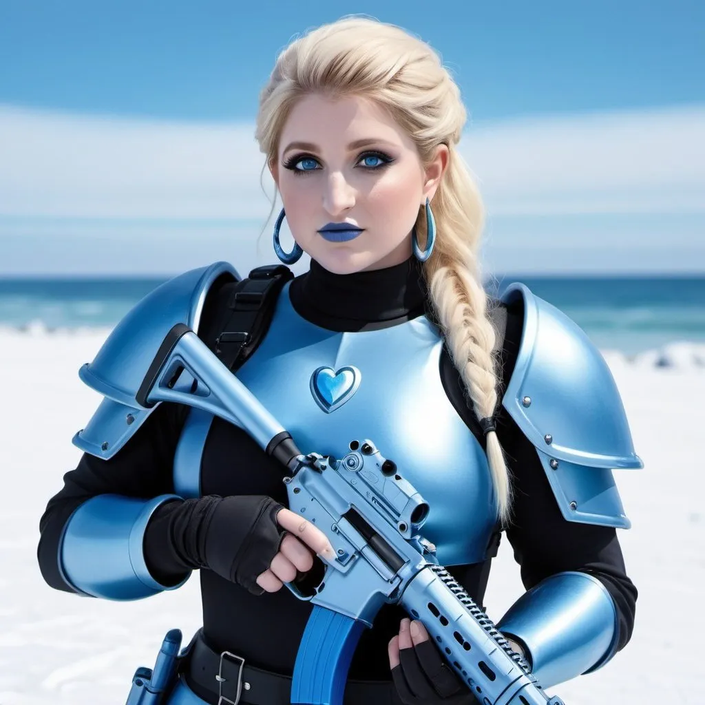 Prompt: Meghan trainor holding a m-4 rifle, blue lipstick, snowy beach, blue heart necklaces, Thick blue soldier armor, pleasant face, blue spiral eyes, blue eyeshadow, long ice earrings. Cold color scheme, ultradetailed, 8k resolution, perfect, smooth, high quality, shiny. 