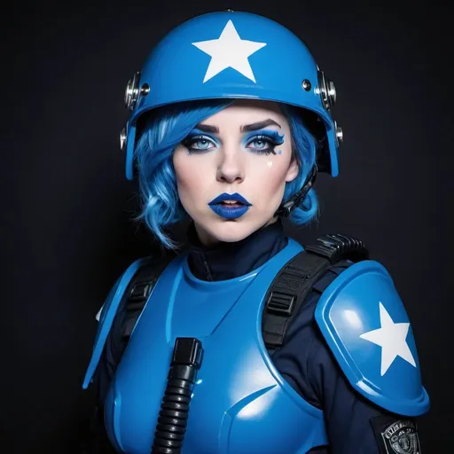 Prompt: 2010s, a female officer wearing a blue riot helmet, blue lipstick, blue makeup including blue eyeshadow and blue blush, blue hair, blue eyebrows, blue eyes, colourised, blue riot gear, full body shot, photography, blue hearts and stars, coughing.
