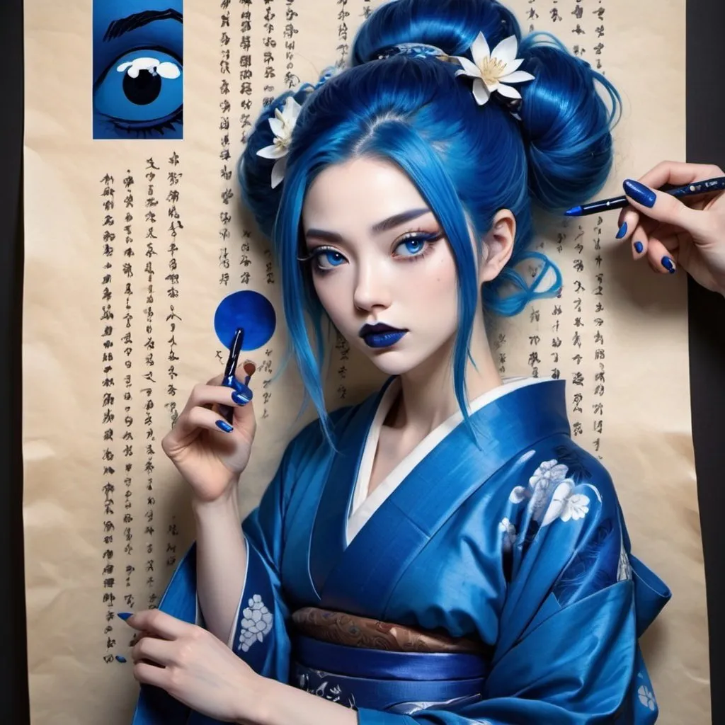 Prompt: A woman, blue hair, blue lipstick, blue kimono, blue eyes, blue eyeshadow, blue face faint, sketch, Japanese legend, on scroll, blue nails, dark blue eclipse behind on scroll paper.