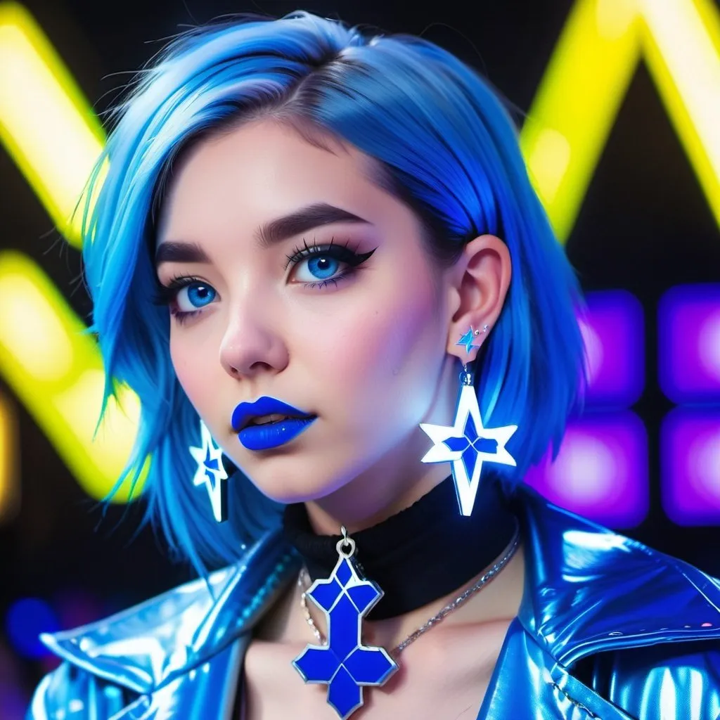 Prompt: 2020s, women, blue choker, blue eyes, blue hair, blurry, blurry background, disco, party, choker, cross, blue cross earrings, depth of concert hall, blue heart earrings, blue eyeshadow, blue lights, jacket, jewelry, k/da \(league of legends\), lips, blue lipstick, long blue hair, looking at viewer, makeup, tv screens, photo \(medium\), piercing, solo, star \(symbol\), blue star earrings, star print