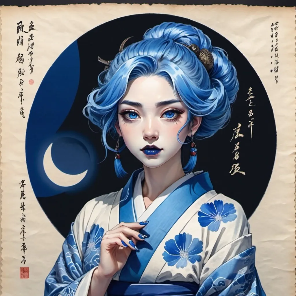 Prompt: A woman, blue hair, blue lipstick, blue kimono, blue eyes, blue eyeshadow, blue face faint, sketch, Japanese legend, on scroll, blue nails, dark blue eclipse behind on scroll paper.