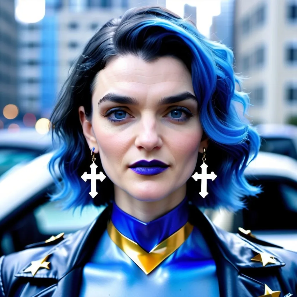 Prompt: Rachel Weisz, blue choker, blue eyes, blue hair, blurry, blurry background, building, car, choker, cross, blue cross earrings, depth of field, blue heart earrings, blue eyeshadow, ground vehicle, jacket, jewelry, k/da \(league of legends\), lips, blue lipstick, long blue hair, looking at viewer, makeup, motor vehicle, photo \(medium\), piercing, solo, star \(symbol\), blue star earrings, star print