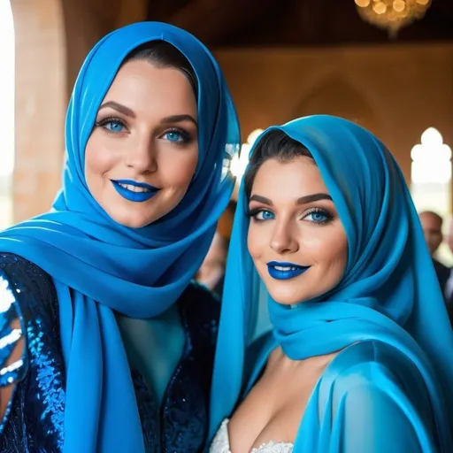 Prompt:  3 ladies with blue  eyes, flowing blue hair, smiling lips with blue lipstick, blue jacket, blue makeup, blue eyeshadow. At wedding, big chest, burka.