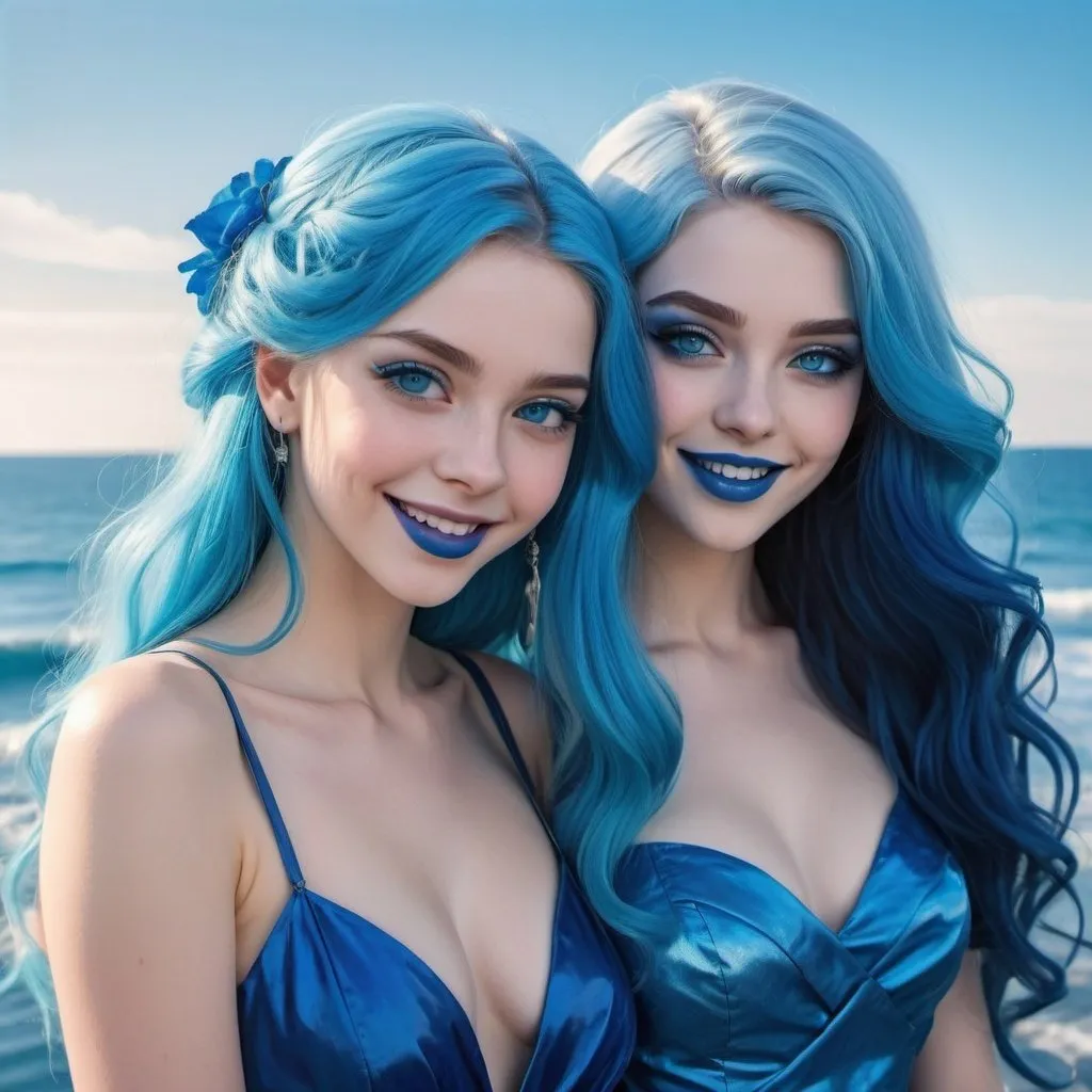 Prompt: a picture of 2 women with long blue hair, posing together large blue eyes wearing blue dresses, blue eyeshadow, and blue lipstick smiling at the camera, Artgerm, fantasy art, realistic shaded perfect blue face, a detailed painting, icy sea background, 18 years old, blue lipstick 