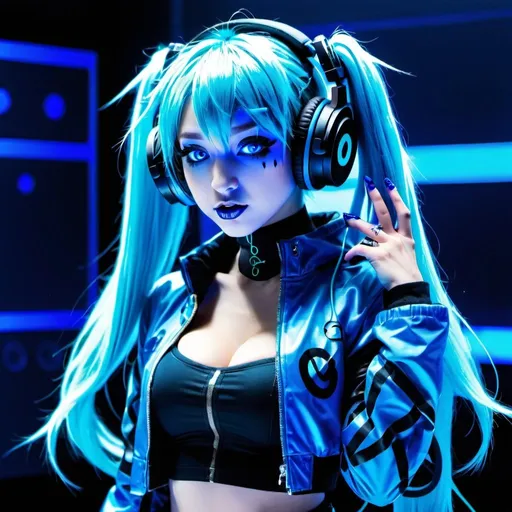 Prompt: Cyber goth hatsune miku, electronic dance, full body view, blue lipstick, blue eyes, blue eyeshadow, blue crop top, blue jacket, blue nails, blue hair, blue headphones, blue microphone, blue speakers, blue lights shining, media studio with cameras pointed at her, full lips, Checkmark on her crop top, bigbreast