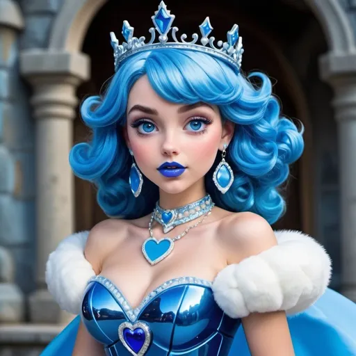 Prompt: Princess daisy with ultradetailed large shiny blue lips, Blinding blue Heart Earrings, Blue Xtra Large Metal Ball Gown, blue plastic Gloves with blue Fur, Glowing Blue eyes, Artisans Cut, Gleaming blueberry Ice Cream, blue Tiara. Pristine blue hair, confident facial expression, Full eyebrows with blue tint, blue Candy necklace, Wintry Aura, blue Armor Plated Shoulders, Cake Covered blue wand, blue Sharp Nails, coastal castle, Blue Moon. High resolution, Realistic, Cold color scheme, high radiance.