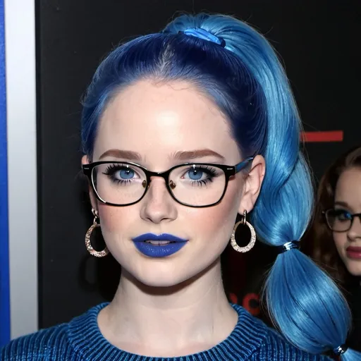 Prompt: Madelaine Petsch, blue hair, with pony tails, blue eyes and glasses, blue lipstick, blue sweater, blue eyeshadow, blue makeup, blue halo earrings.  
