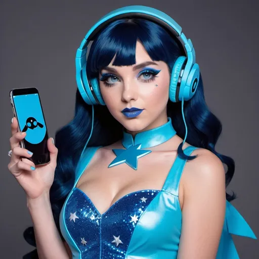 Prompt: 2020s, Dawn Pokemon as a female popstar wearing a blue headphones, aqua blue lipstick, glossy and sparkling lips, blue makeup including blue eyeshadow and blue blush, dark blue hair, blue eyebrows, blue eyes, colourised, blue plastic gown, full body shot, photography, blue hearts and stars, euphoric.