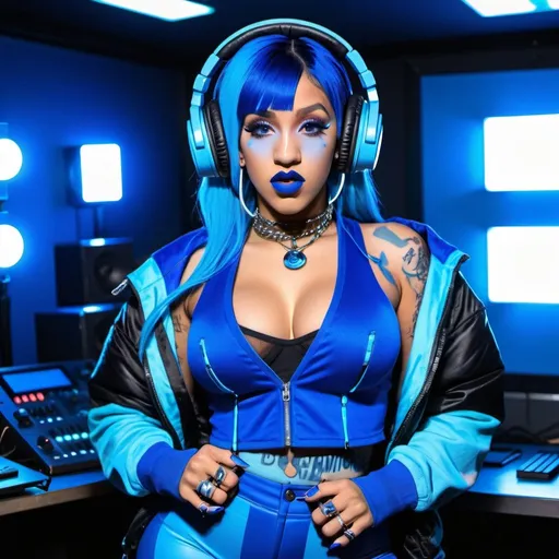 Prompt: Cyber goth Cardi B, electronic dance, full body view, blue lipstick, blue eyes, blue eyeshadow, blue crop top, blue jacket, blue nails, blue hair, blue headphones, blue microphone, blue speakers, blue lights shining, media studio with cameras pointed at her, full lips