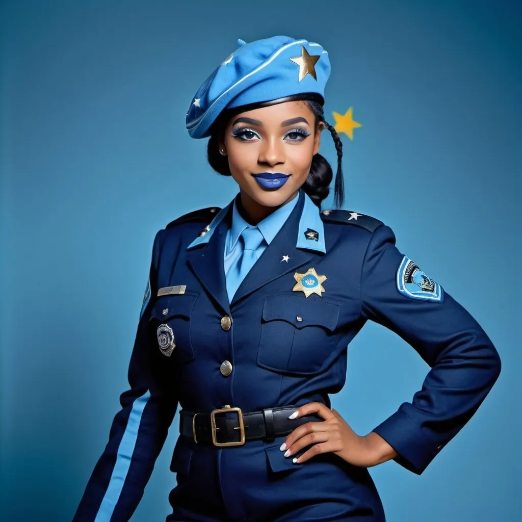 Prompt: 2010s, Black female officer wearing a blue beret, blue lipstick, blue makeup including blue eyeshadow and blue blush, blue hair, blue eyebrows, blue eyes, colourised, blue uniform beret, full body shot, photography, blue hearts and stars soft smile.