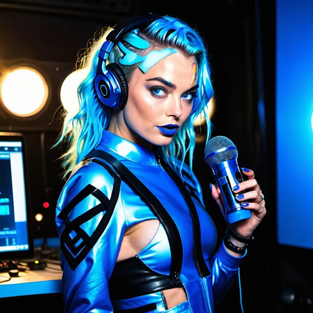 Prompt: Cyber goth Margot Robbie, electronic dance, full body view, blue lipstick, blue eyes, blue eyeshadow, blue crop top, blue jacket, blue nails, blue hair, blue headphones, blue microphone, blue speakers, blue lights shining, media studio with cameras pointed at her, full lips, Checkmark on her crop top